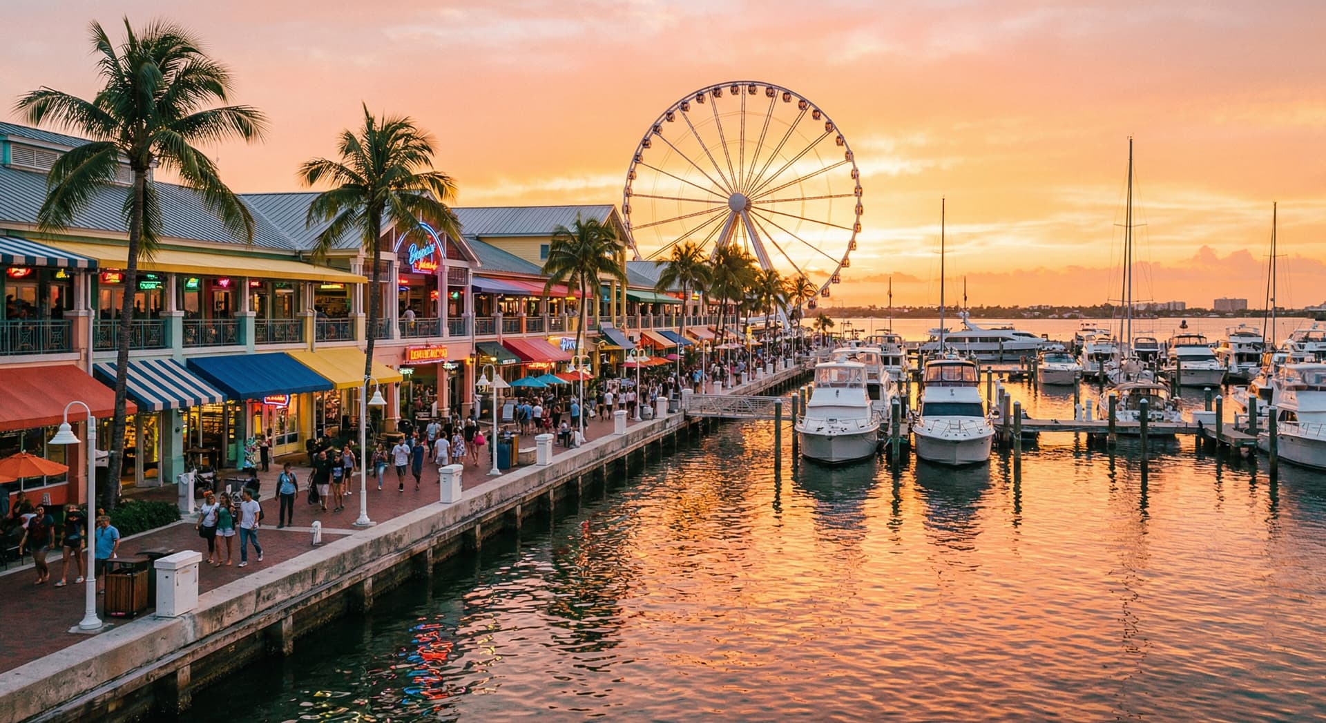 Bayside Marketplace waterfront in downtown Miami at golden hour with colorful storefronts along Biscayne Bay, the Skyviews observation wheel, palm trees, and boats docked at the marina