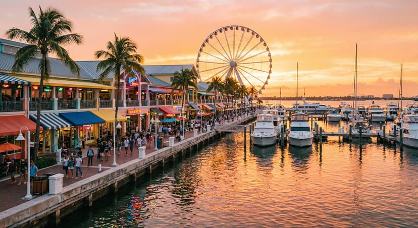 Bayside Marketplace waterfront in downtown Miami at golden hour with colorful storefronts along Biscayne Bay, the Skyviews observation wheel, palm trees, and boats docked at the marina