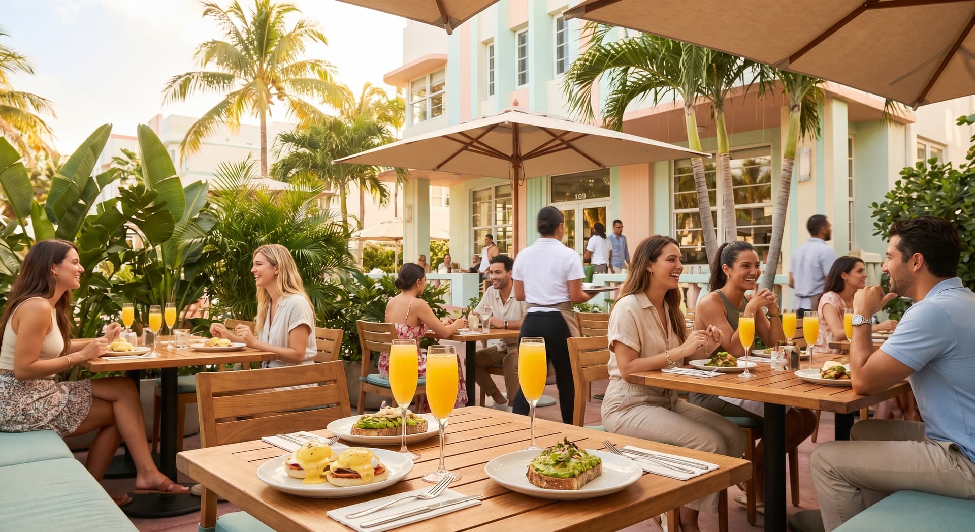 Sunny outdoor brunch table at a Miami restaurant patio with tropical plants and palm trees, plates of eggs Benedict and avocado toast with mimosas in warm morning golden light, colorful Art Deco building facade in the background