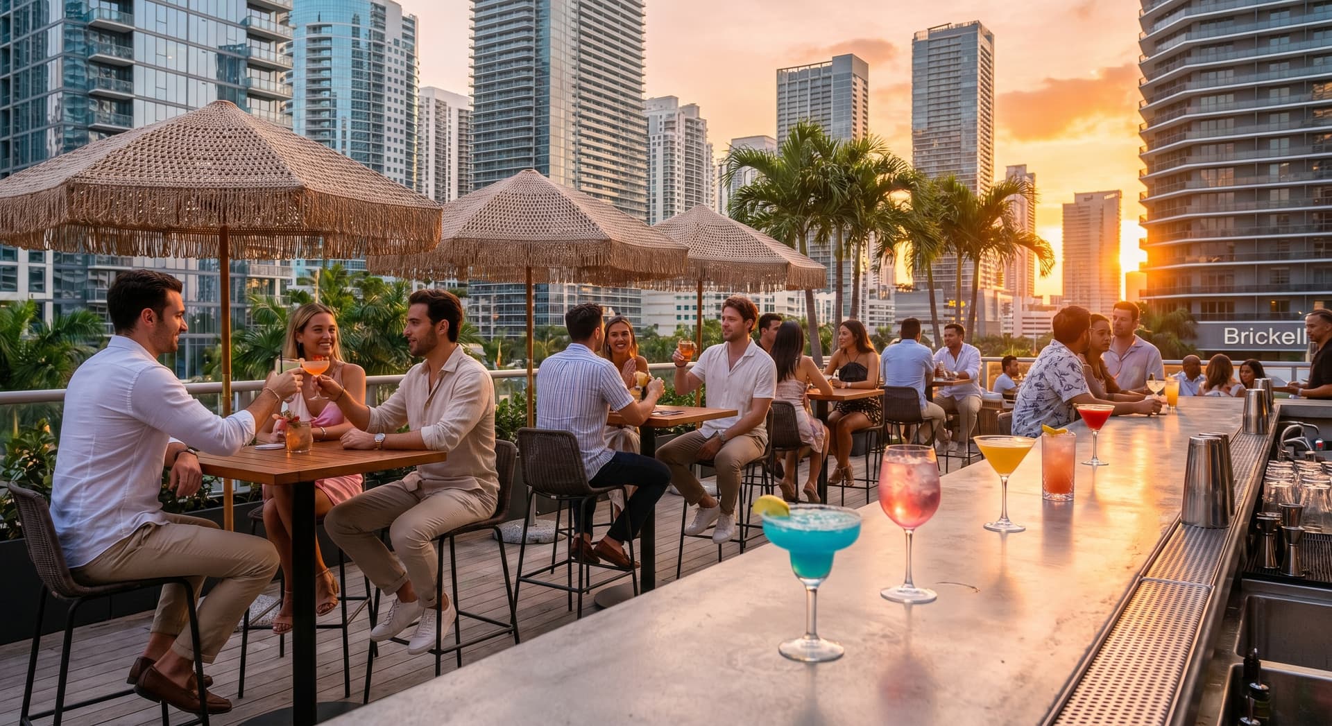 Stylish outdoor bar terrace in Miami Brickell neighborhood during golden hour, cocktail glasses with colorful drinks on a polished bar counter, city skyline with modern glass towers in background, warm sunset light, palm trees, and people socializing
