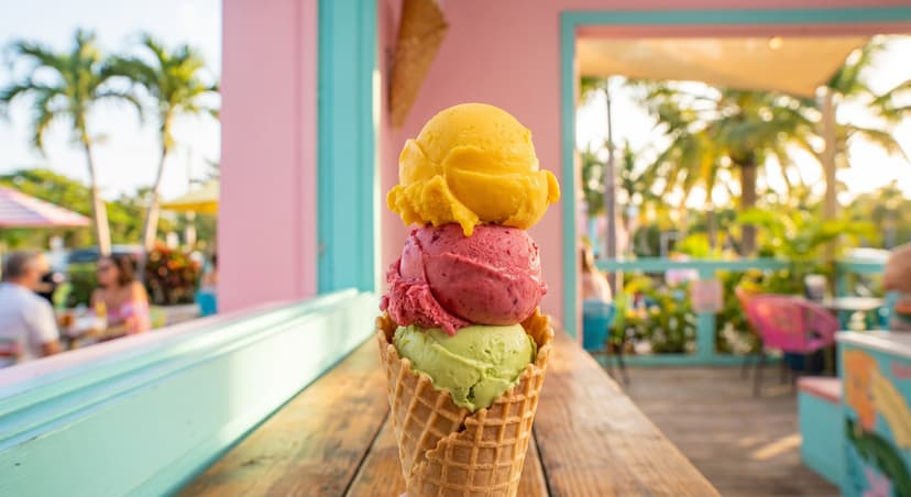 Colorful artisan ice cream scoops in waffle cones at a Miami ice cream shop with vibrant tropical decor and warm golden afternoon light