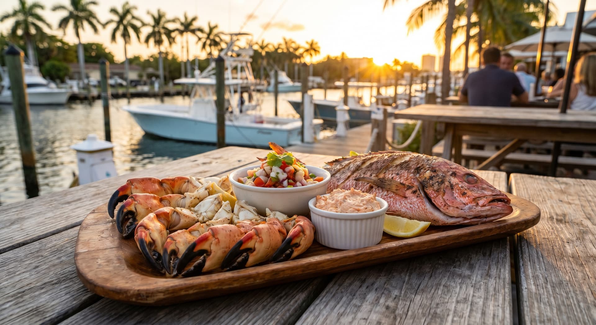 Fresh seafood platter with stone crab claws, grilled snapper, ceviche, and smoked fish dip on a rustic wooden table at a waterfront restaurant overlooking the Miami River at golden hour with fishing boats and palm trees
