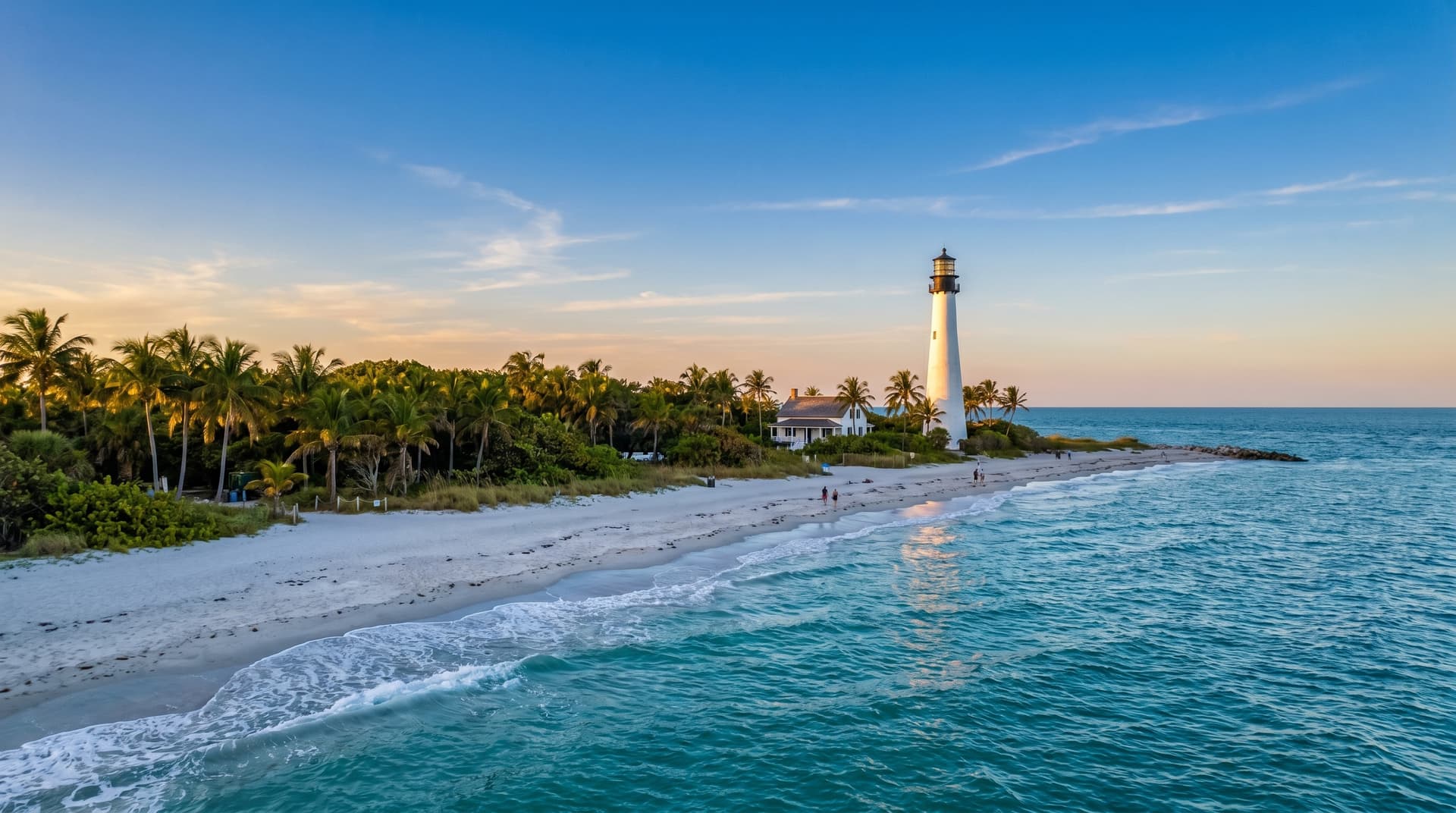 Wide-angle view of Bill Baggs Cape Florida State Park beach on Key Biscayne with turquoise Atlantic waters meeting white sand, the historic Cape Florida Lighthouse standing in the background surrounded by tropical vegetation and palm trees at golden hour