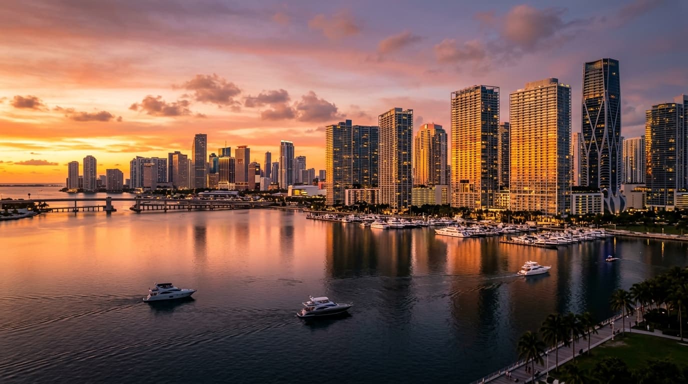 Brickell skyline at sunset with gleaming high-rises reflected in Biscayne Bay