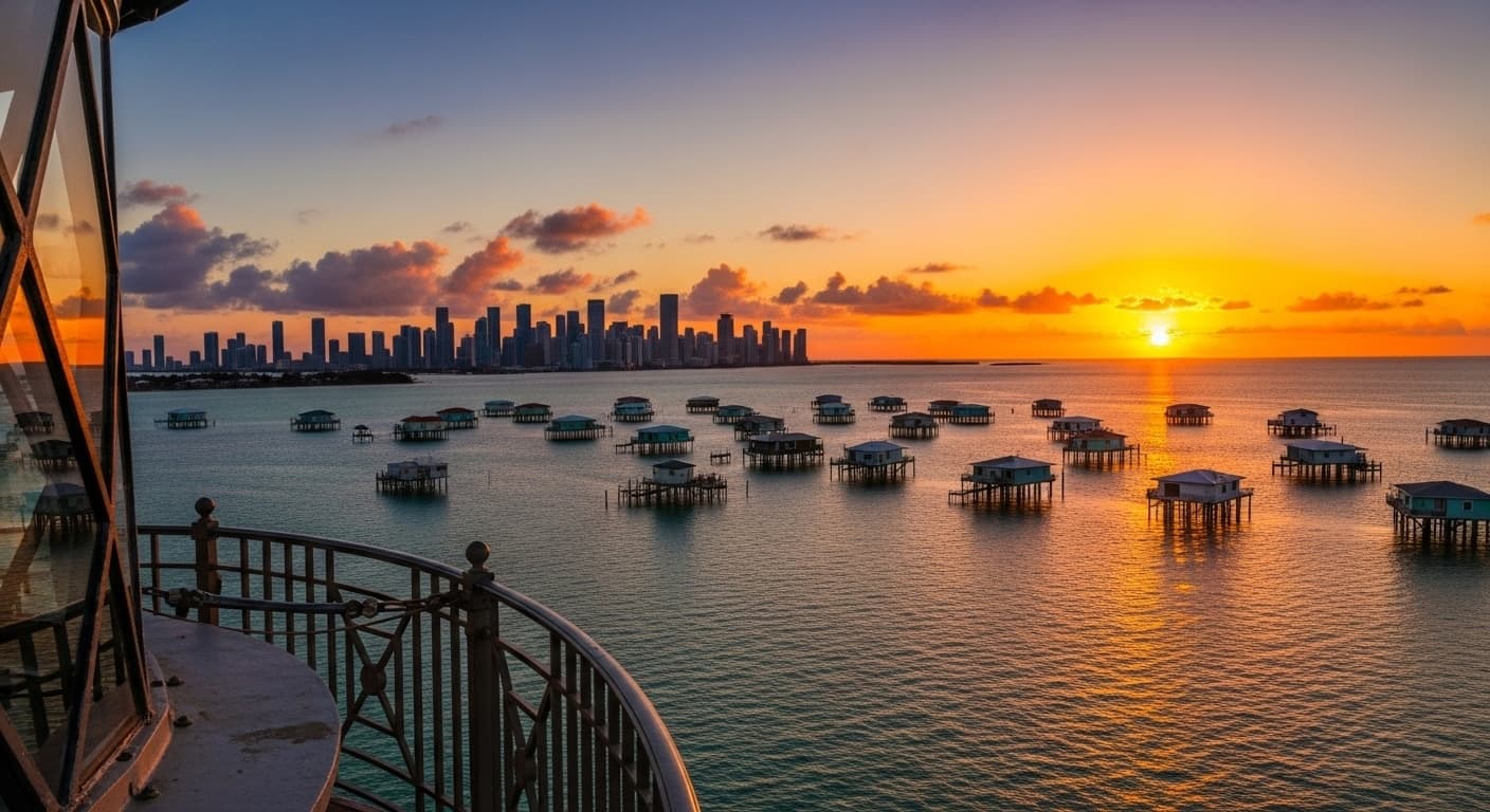 View from Cape Florida Lighthouse balcony looking toward Stiltsville and Miami skyline at sunset