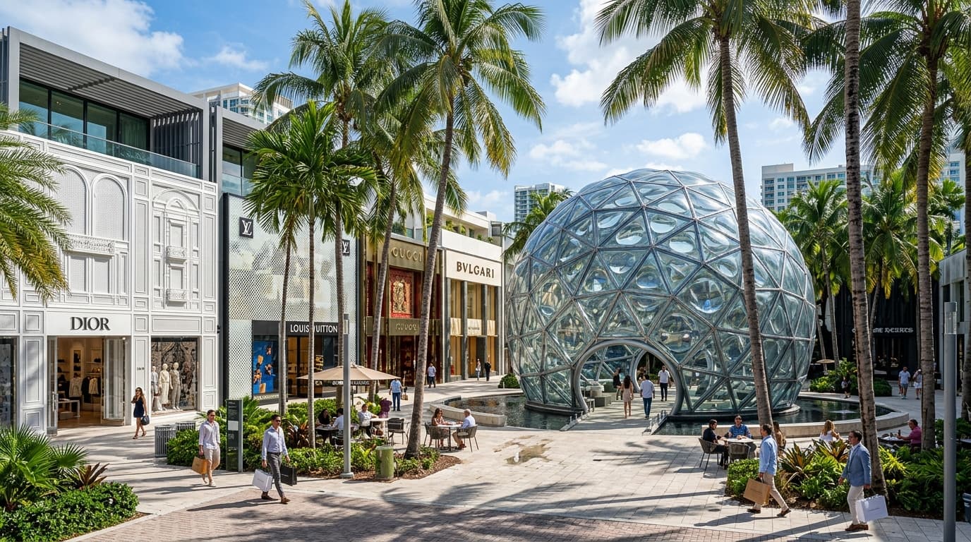 Palm Court at Miami Design District with Buckminster Fuller's Fly's Eye Dome and luxury storefronts