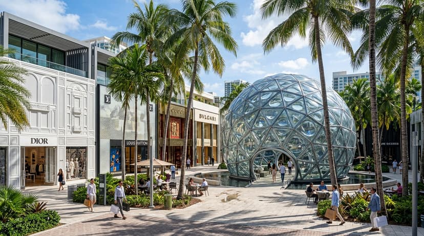 Palm Court at Miami Design District with Buckminster Fuller's Fly's Eye Dome and luxury storefronts