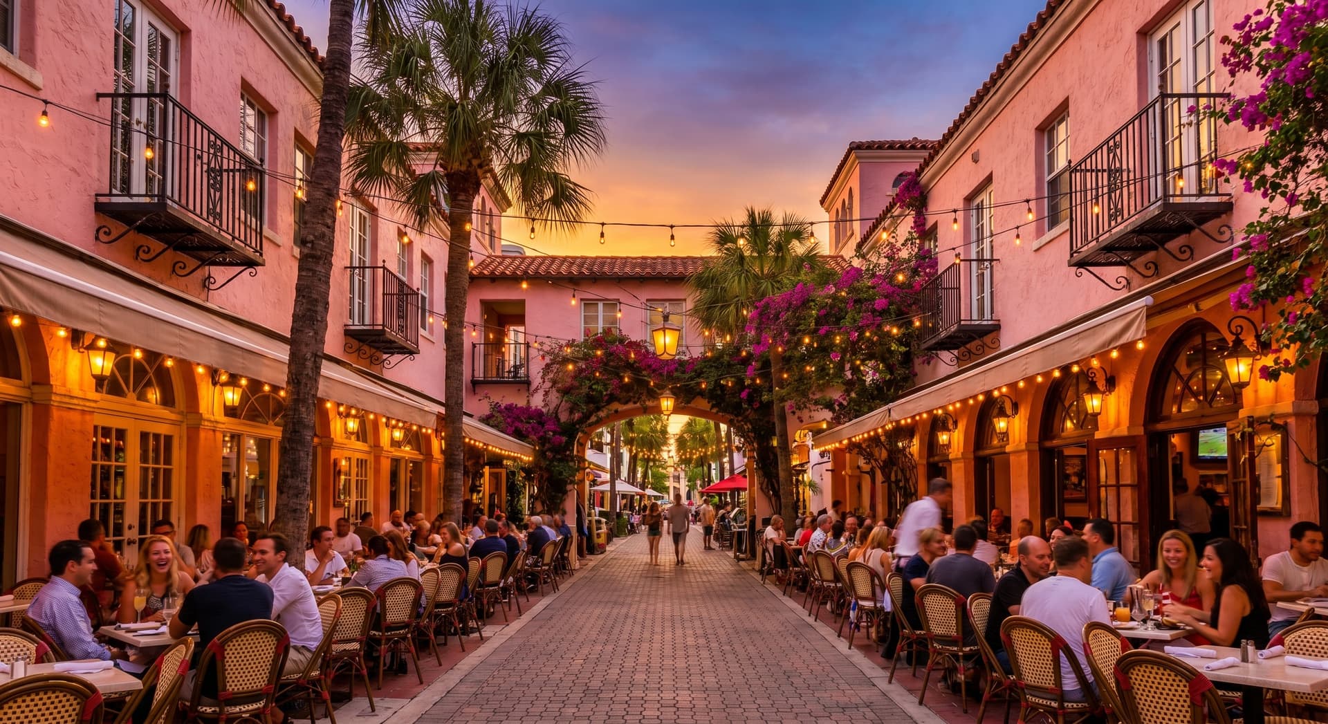 Española Way pedestrian street in South Beach Miami Beach at golden hour, pink Mediterranean stucco buildings with wrought-iron balconies and red tile roofs, string lights glowing overhead, outdoor cafe tables with diners along the narrow street