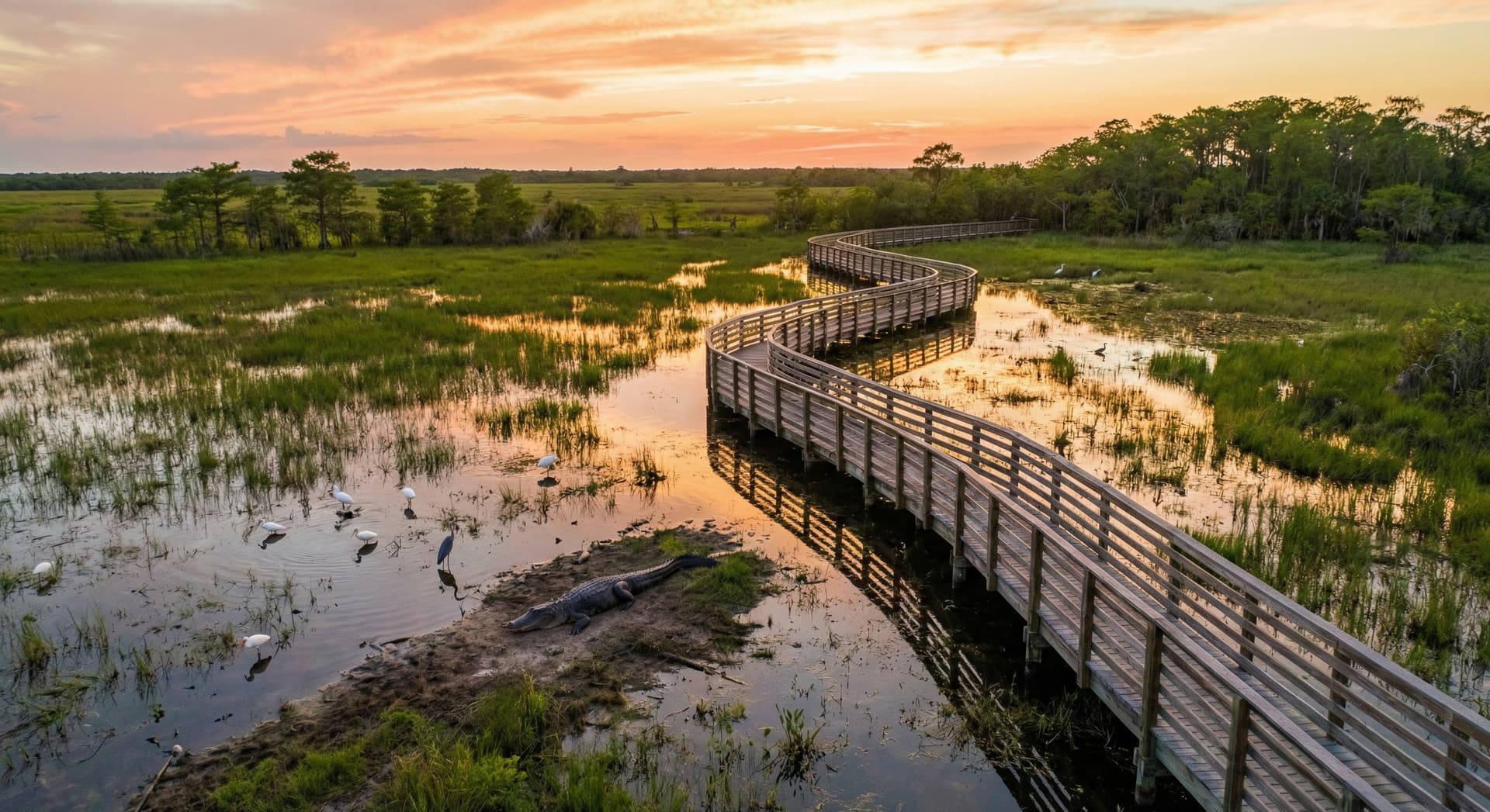 Aerial view of the Florida Everglades sawgrass prairie at golden hour with shallow water reflecting warm sunlight, a boardwalk trail winding through the marsh, and wading birds in the distance