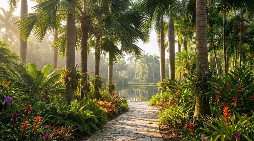 A lush tropical garden pathway lined with towering royal palm trees and exotic plants in golden morning sunlight at Fairchild Tropical Botanic Garden in Coral Gables Miami