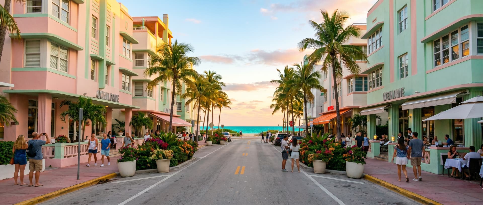 Wide-angle view of Miami's colorful Art Deco buildings on Ocean Drive at golden hour with palm trees, pastel pink and mint green facades, tourists strolling along the sidewalk, and turquoise ocean visible in the distance