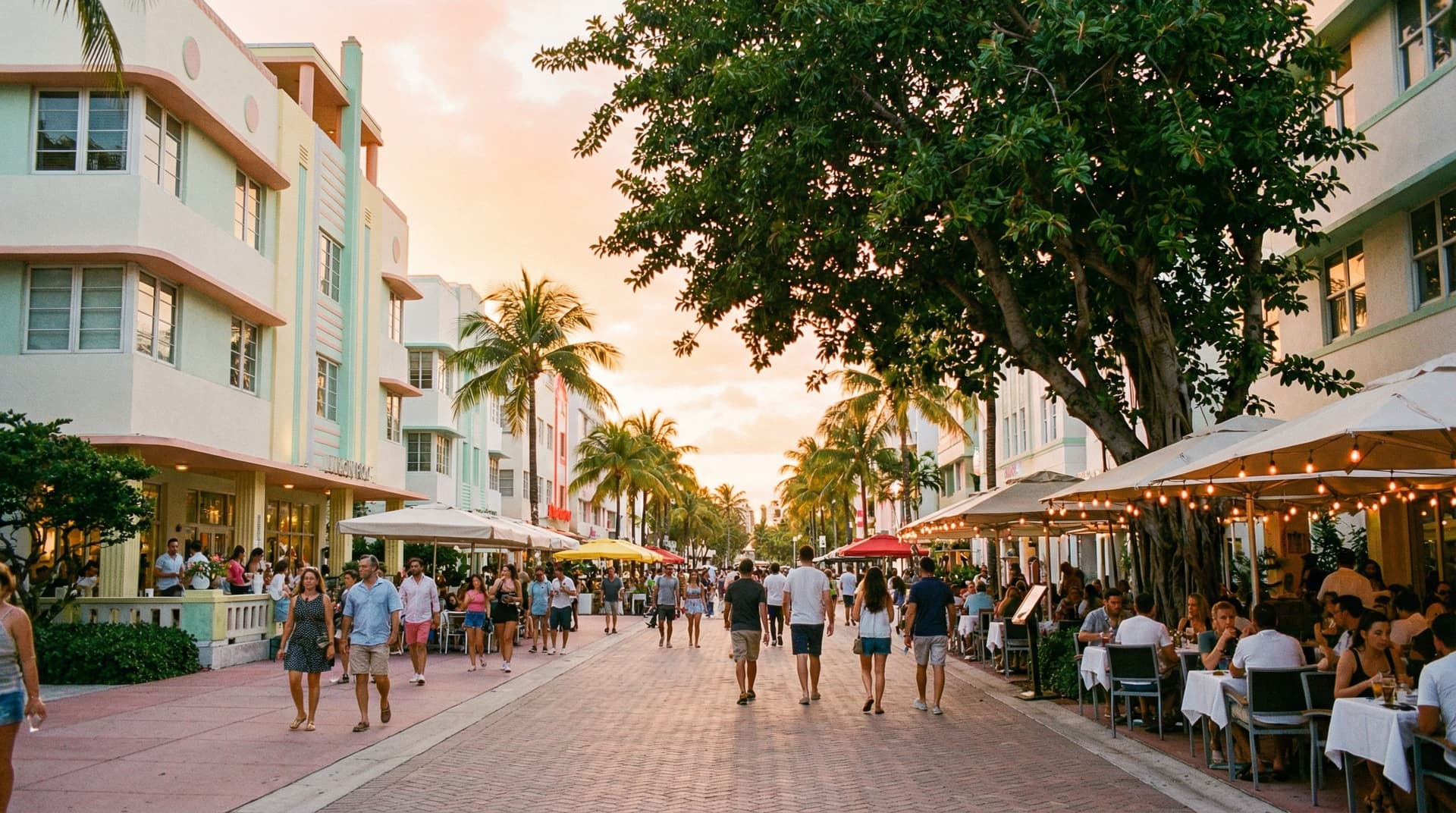 Lincoln Road pedestrian promenade in Miami Beach at golden hour, Art Deco buildings lining both sides, ficus trees casting dappled shade over brick walkways, people strolling past outdoor cafes under a warm pastel sky