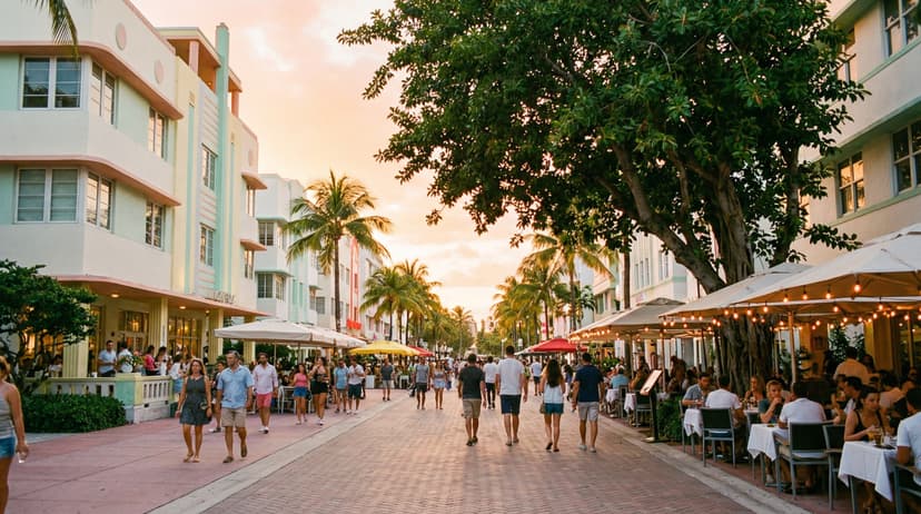 Lincoln Road pedestrian promenade in Miami Beach at golden hour, Art Deco buildings lining both sides, ficus trees casting dappled shade over brick walkways, people strolling past outdoor cafes under a warm pastel sky