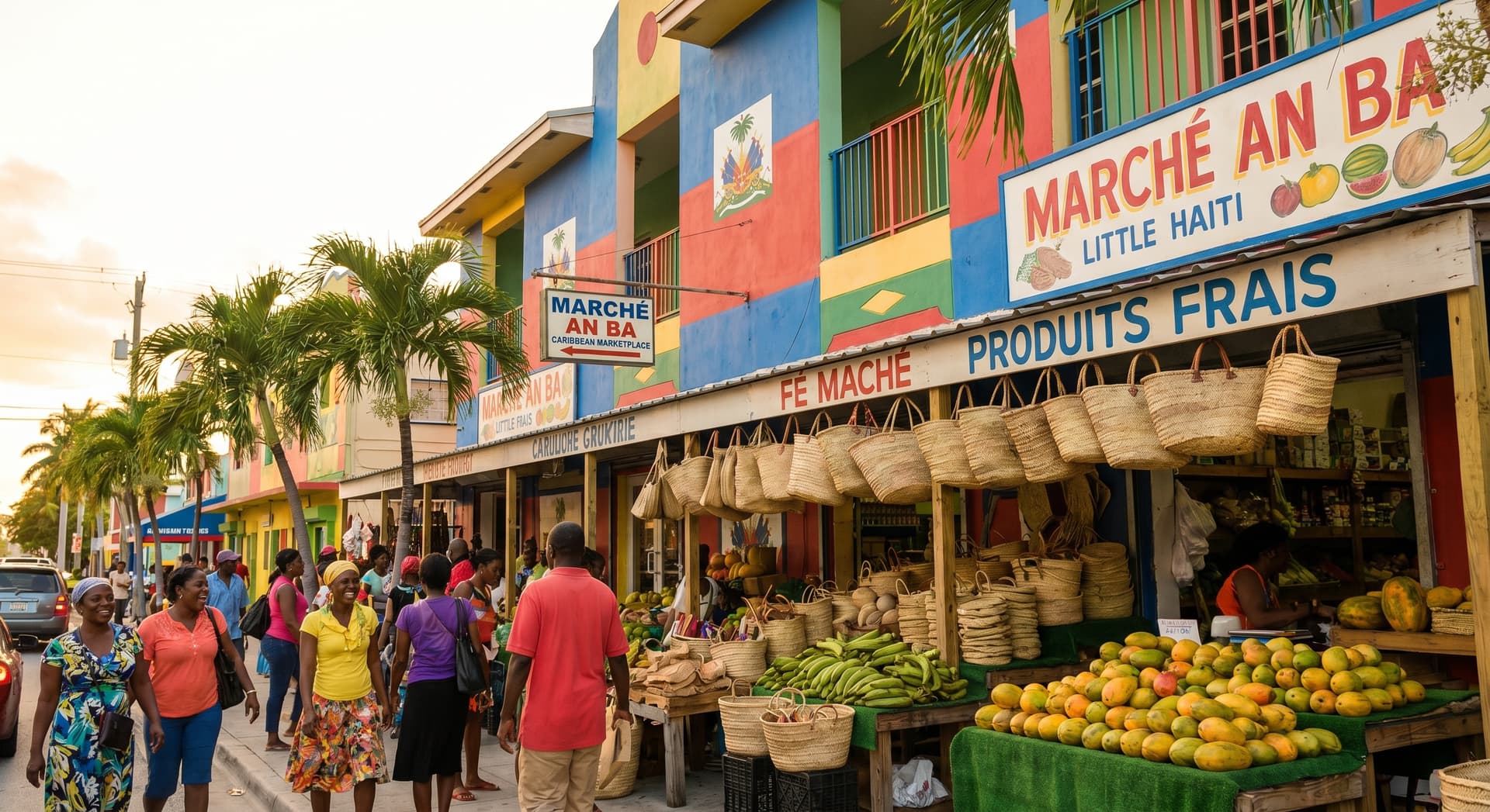 Vibrant street view of the Caribbean Marketplace in Miami's Little Haiti at golden hour, with colorful Haitian-flag facades, hand-painted Creole signs, market stalls of woven baskets and tropical fruit, and locals chatting along the sidewalk under palm trees.