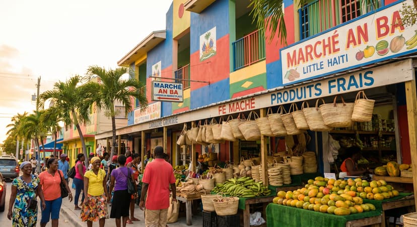 Vibrant street view of the Caribbean Marketplace in Miami's Little Haiti at golden hour, with colorful Haitian-flag facades, hand-painted Creole signs, market stalls of woven baskets and tropical fruit, and locals chatting along the sidewalk under palm trees.