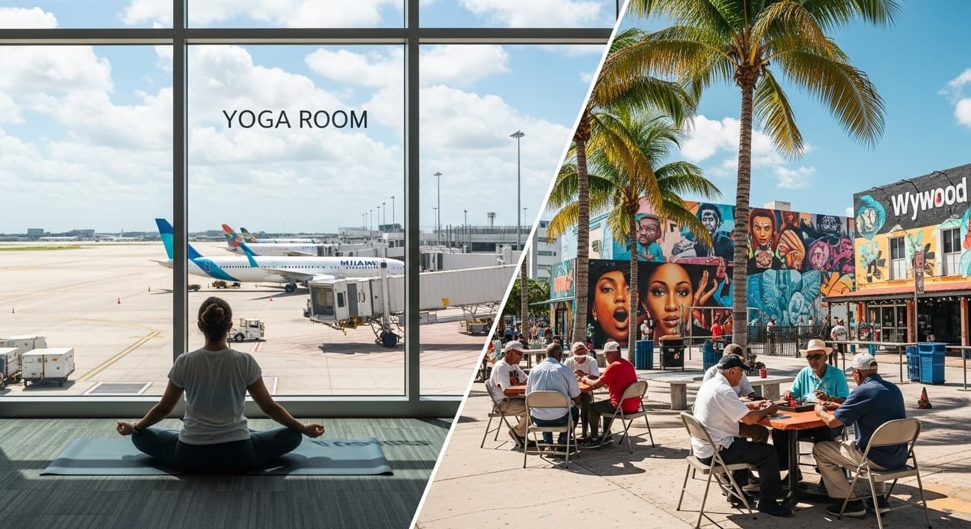 Miami International Airport layover split-screen — traveler in Yoga Room with planes outside, contrasted with Little Havana Domino Park and Wynwood murals