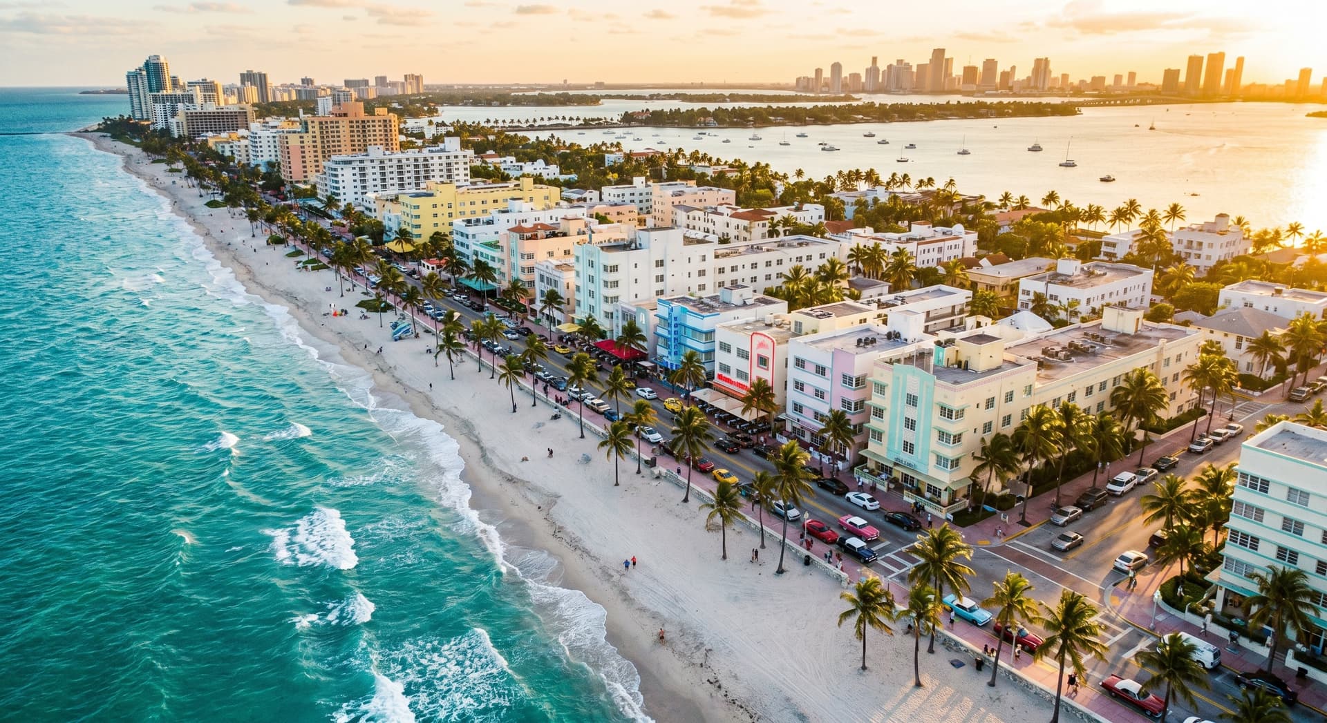 Aerial view of South Beach Miami coastline at golden hour with turquoise ocean water, white sand beach, colorful Art Deco buildings, and palm trees