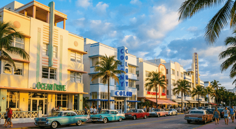 Colorful pastel Art Deco buildings lining Ocean Drive in South Beach Miami with palm trees and blue sky