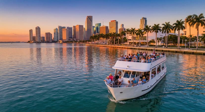 Sightseeing boat cruise on turquoise Biscayne Bay in Miami at golden hour with the downtown skyline in the background, palm-tree lined shore, and warm tropical sunset lighting reflecting on calm bay waters
