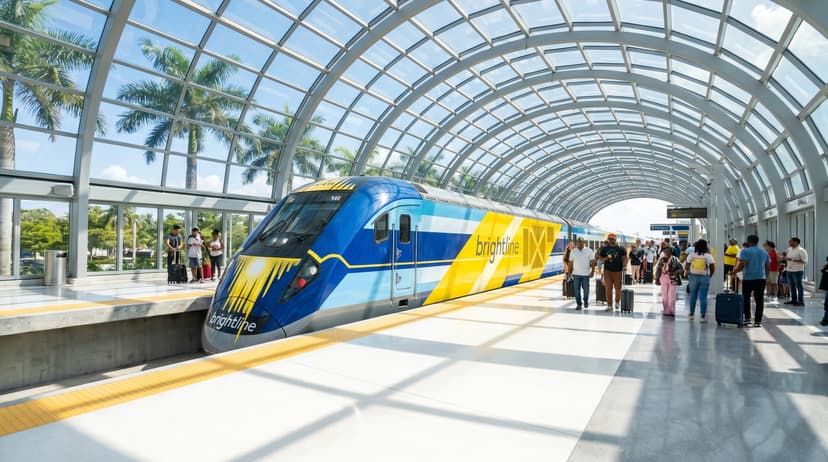 Sleek modern Brightline high-speed train arriving at MiamiCentral station platform in downtown Miami on a bright sunny day with palm trees visible and passengers waiting on the clean modern platform