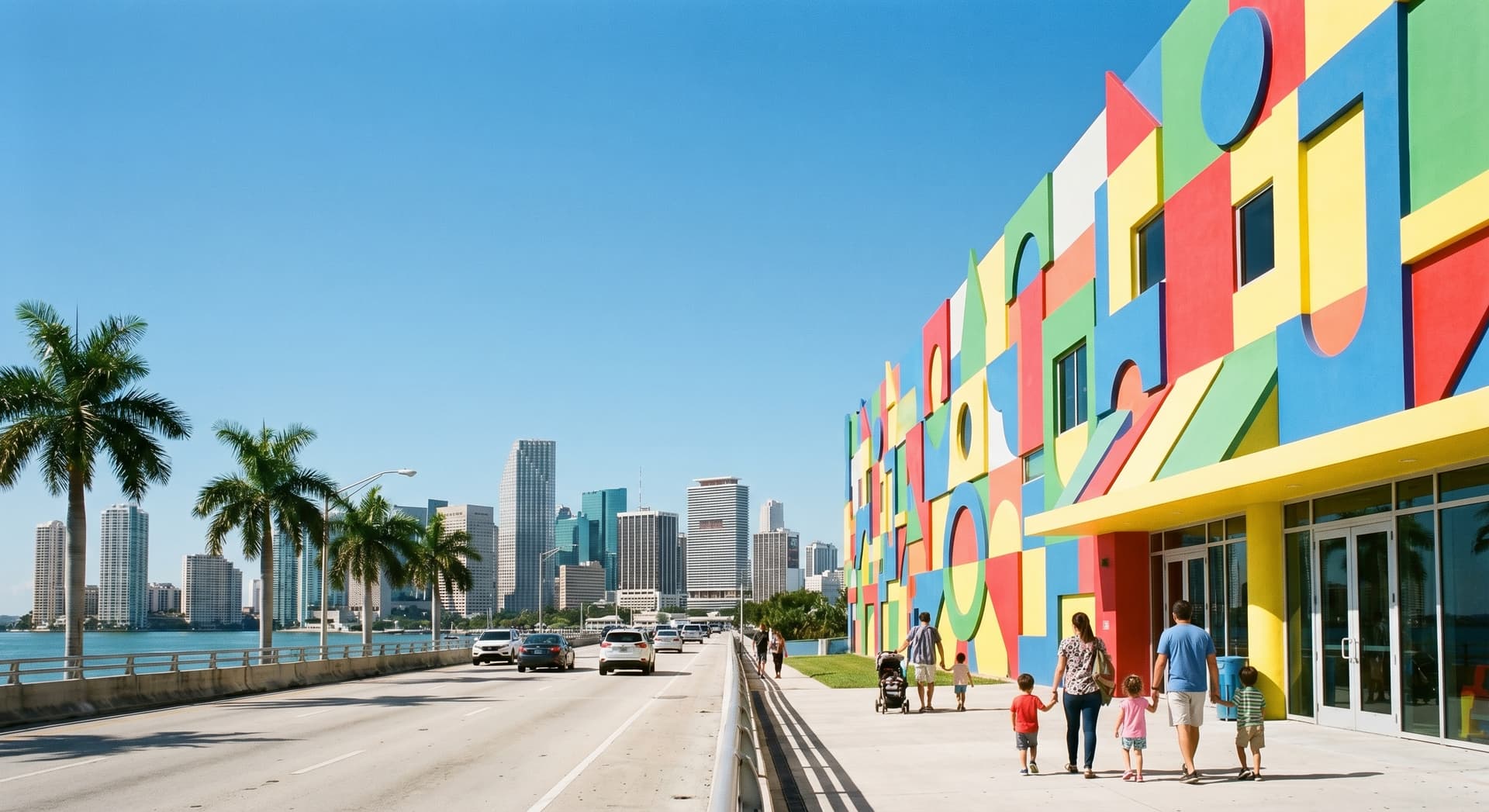 Exterior of the Miami Children's Museum on Watson Island at late morning, with its bright, playful geometric facade, palm trees lining the MacArthur Causeway, and the downtown Miami skyline rising in the distance under a clear blue sky.