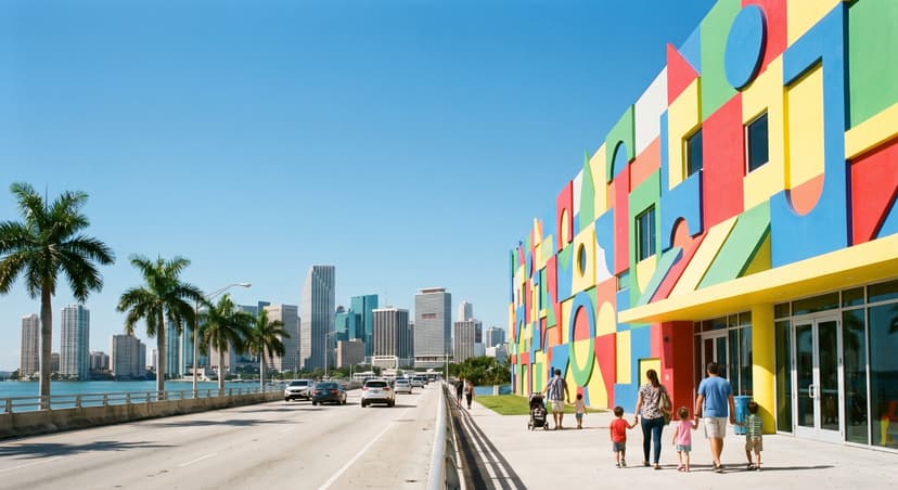Exterior of the Miami Children's Museum on Watson Island at late morning, with its bright, playful geometric facade, palm trees lining the MacArthur Causeway, and the downtown Miami skyline rising in the distance under a clear blue sky.
