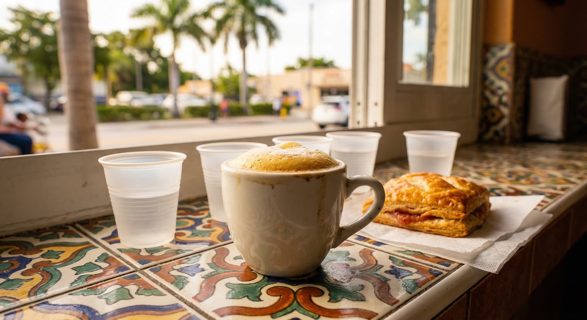 Close-up of a traditional Cuban cafecito espresso shot with golden espumita foam in a small white demitasse cup at a ventanita walk-up window in Little Havana Miami, warm morning light, colorful Cuban tile backsplash, tiny plastic colada cups nearby, and a flaky guava pastelito on the side