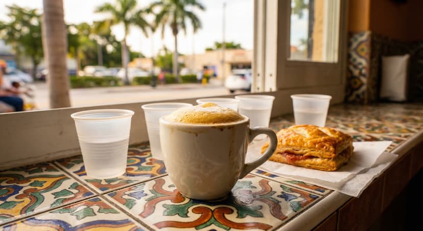 Close-up of a traditional Cuban cafecito espresso shot with golden espumita foam in a small white demitasse cup at a ventanita walk-up window in Little Havana Miami, warm morning light, colorful Cuban tile backsplash, tiny plastic colada cups nearby, and a flaky guava pastelito on the side