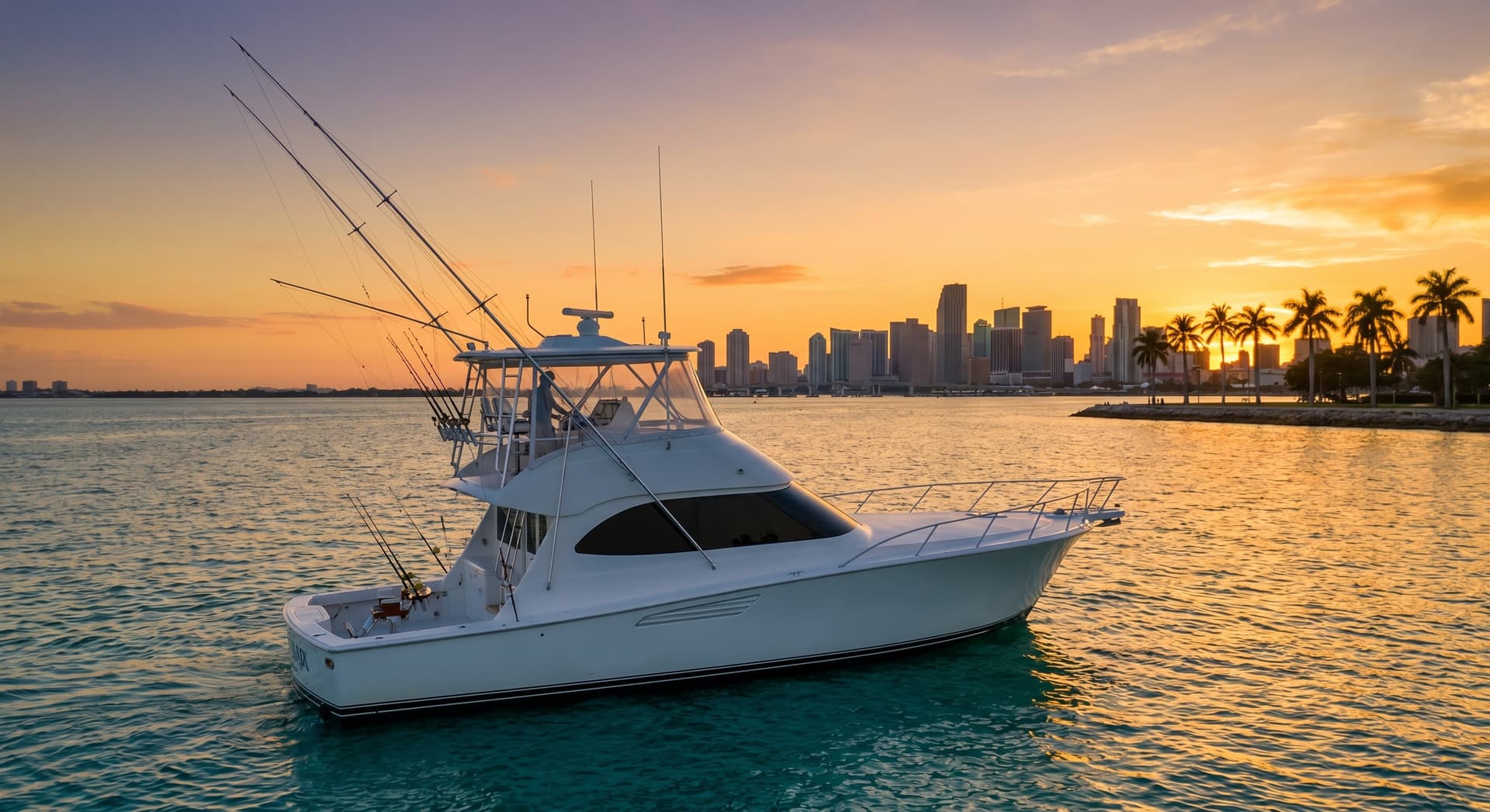 Fishing charter boat on turquoise waters off the Miami coast at golden hour with fishing rods deployed and the downtown skyline in the background