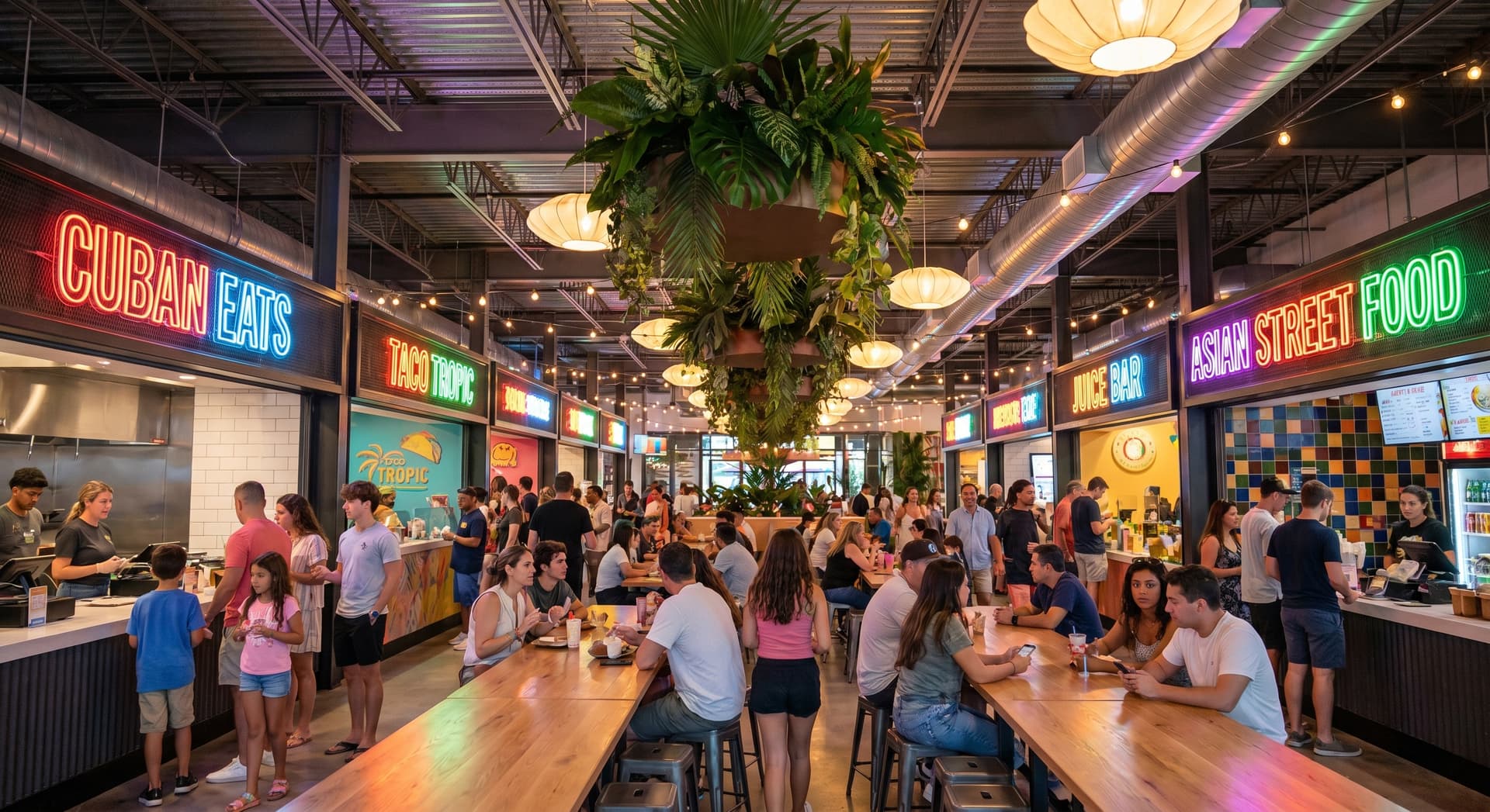 Interior of a vibrant modern food hall in Miami with multiple vendor stalls, colorful neon signs, tropical plants, and diners at communal tables under warm evening lighting