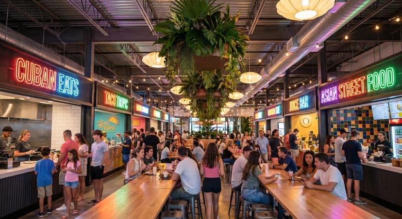 Interior of a vibrant modern food hall in Miami with multiple vendor stalls, colorful neon signs, tropical plants, and diners at communal tables under warm evening lighting