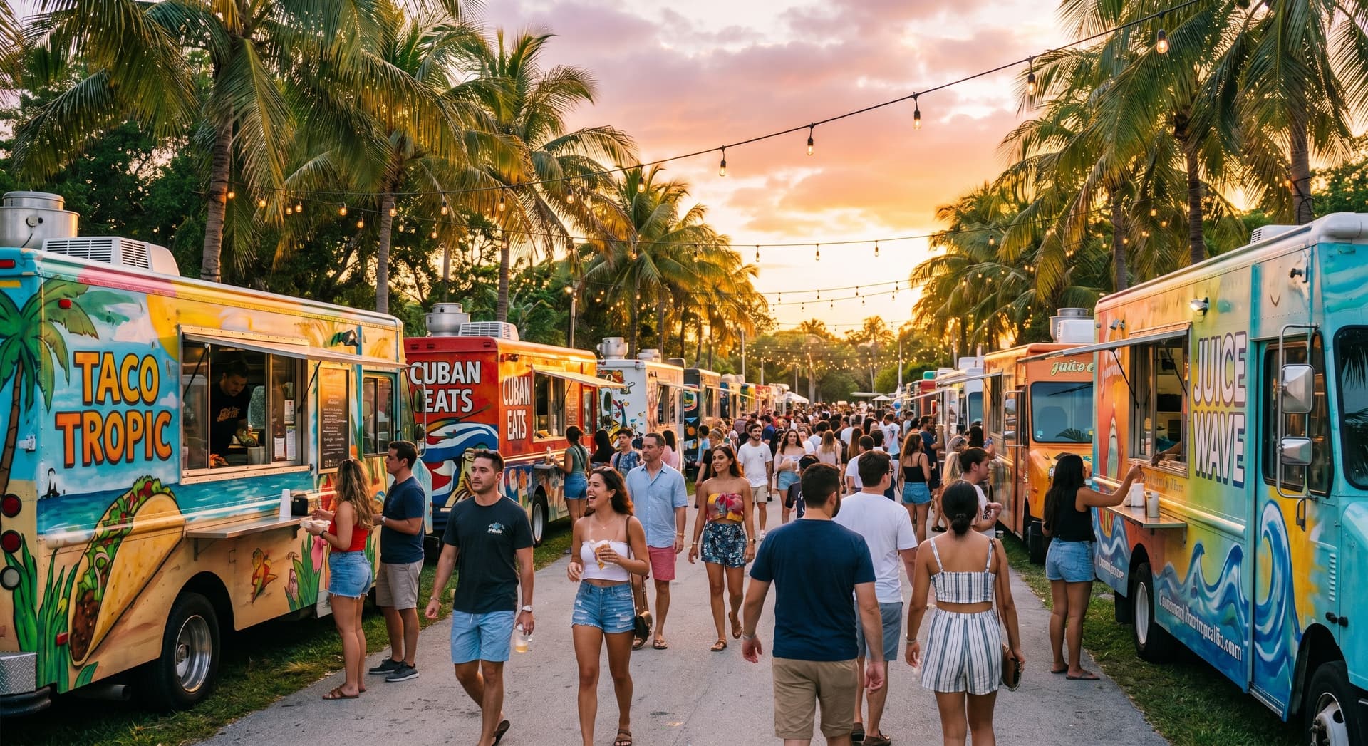 Vibrant outdoor food truck rally in Miami at golden hour with colorful food trucks lined up in a park, palm trees, people walking between trucks, warm tropical sunset light, and string lights overhead