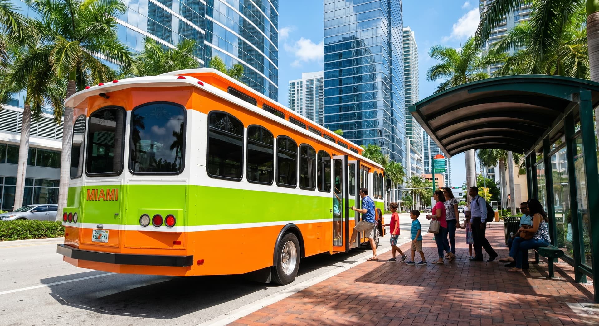 Street-level view of a colorful Miami free trolley bus in orange and green livery stopped at a palm-lined stop in the Brickell neighborhood, with modern glass skyscrapers rising behind it under a bright blue tropical sky