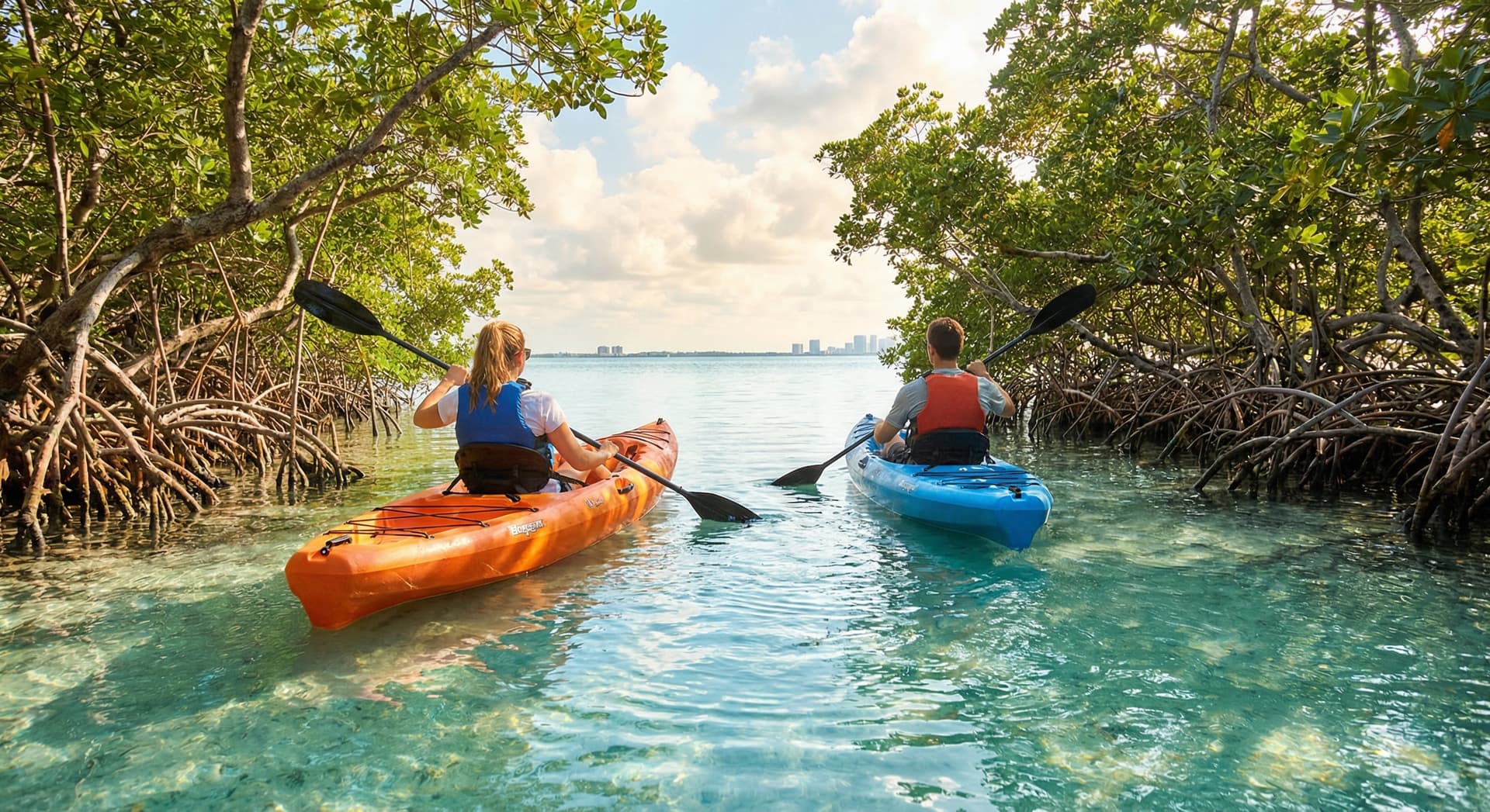 Kayakers paddling through calm turquoise mangrove channels in Miami on a sunny morning with lush green mangrove roots and tunnels, crystal clear shallow water reflecting the tropical sky, and Biscayne Bay visible in the background