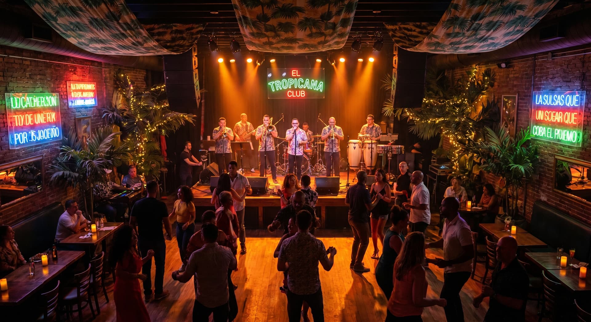 Interior of a vibrant live music venue in Little Havana Miami at night with a Latin band performing salsa on stage under warm amber lighting, audience dancing, colorful neon signs and tropical decor