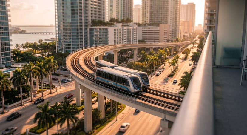 Elevated view of a Miami Metromover train on its curved concrete guideway high above Downtown Miami streets at golden hour, with Brickell skyscrapers in the background, palm trees lining the boulevards, and Biscayne Bay peeking between buildings