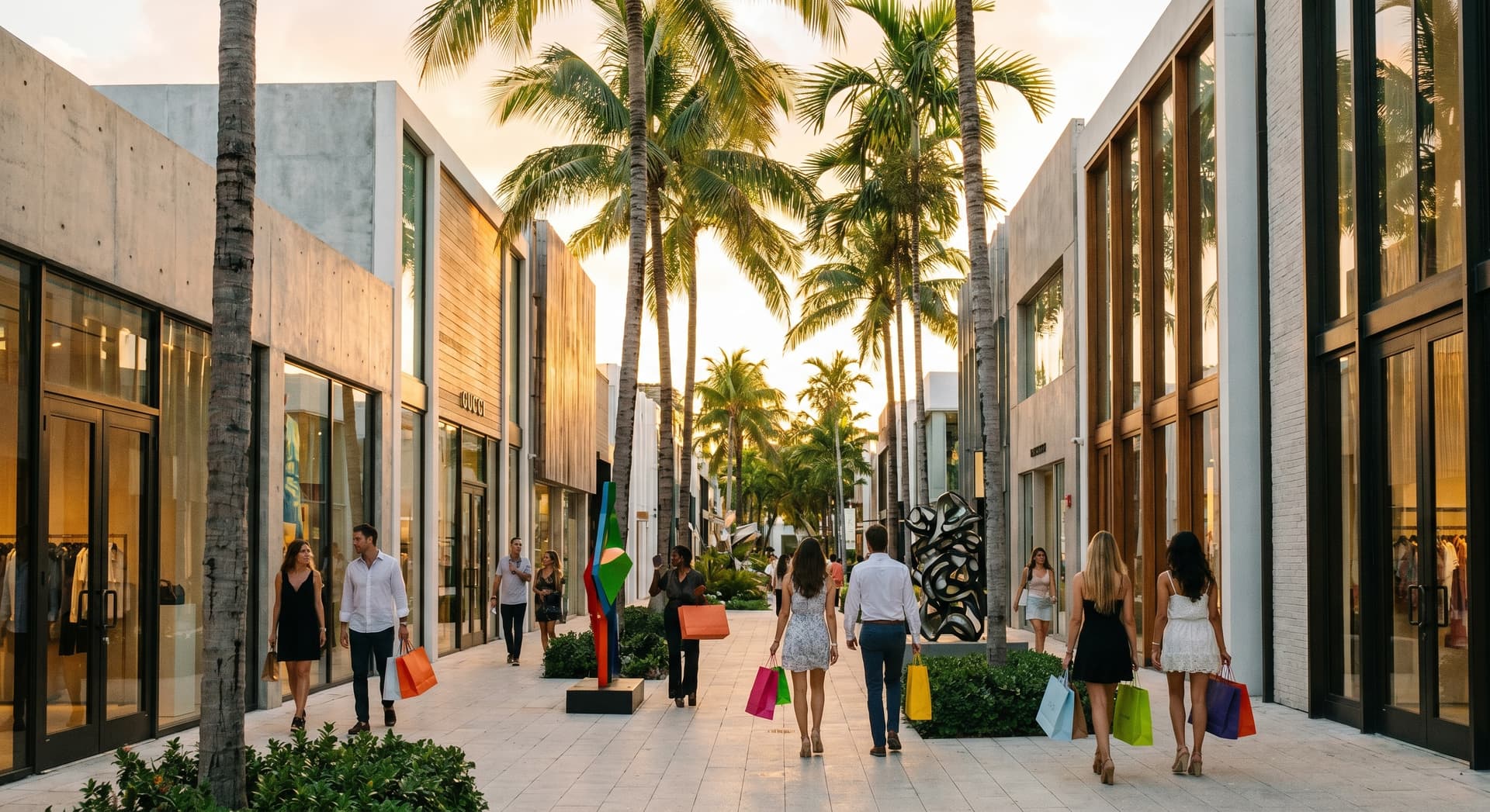 Stylish open-air shopping street in Miami Design District at golden hour with modern luxury storefronts, palm trees lining the walkway, well-dressed shoppers browsing boutiques, warm tropical sunset light casting long shadows across the promenade