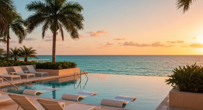 Luxury spa infinity pool overlooking Miami Beach ocean at golden hour with tropical plants, palm trees, turquoise water, and white lounge chairs bathed in warm amber sunset lighting