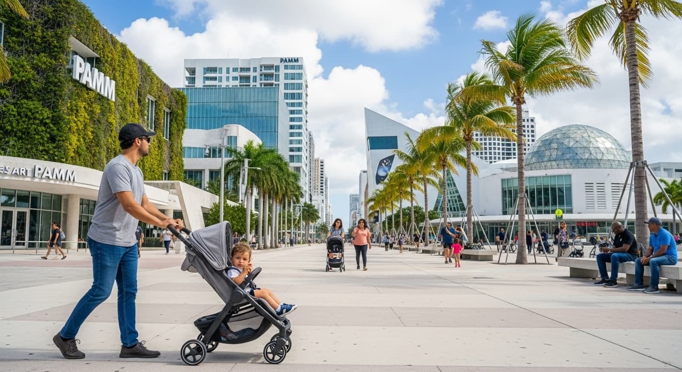 Parent pushing a stroller in Downtown Miami near museums — stroller-friendly family travel scene