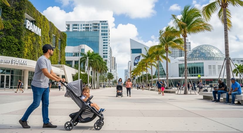 Parent pushing a stroller in Downtown Miami near museums — stroller-friendly family travel scene
