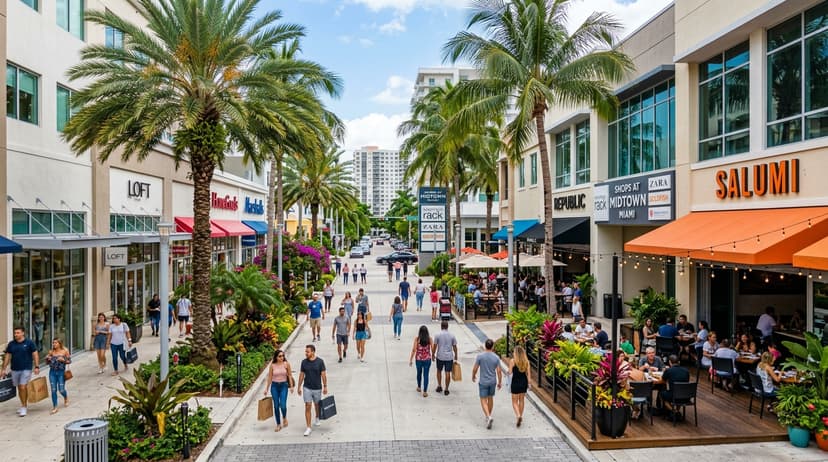 Colorful outdoor shopping and dining plaza at Shops at Midtown Miami with palm trees