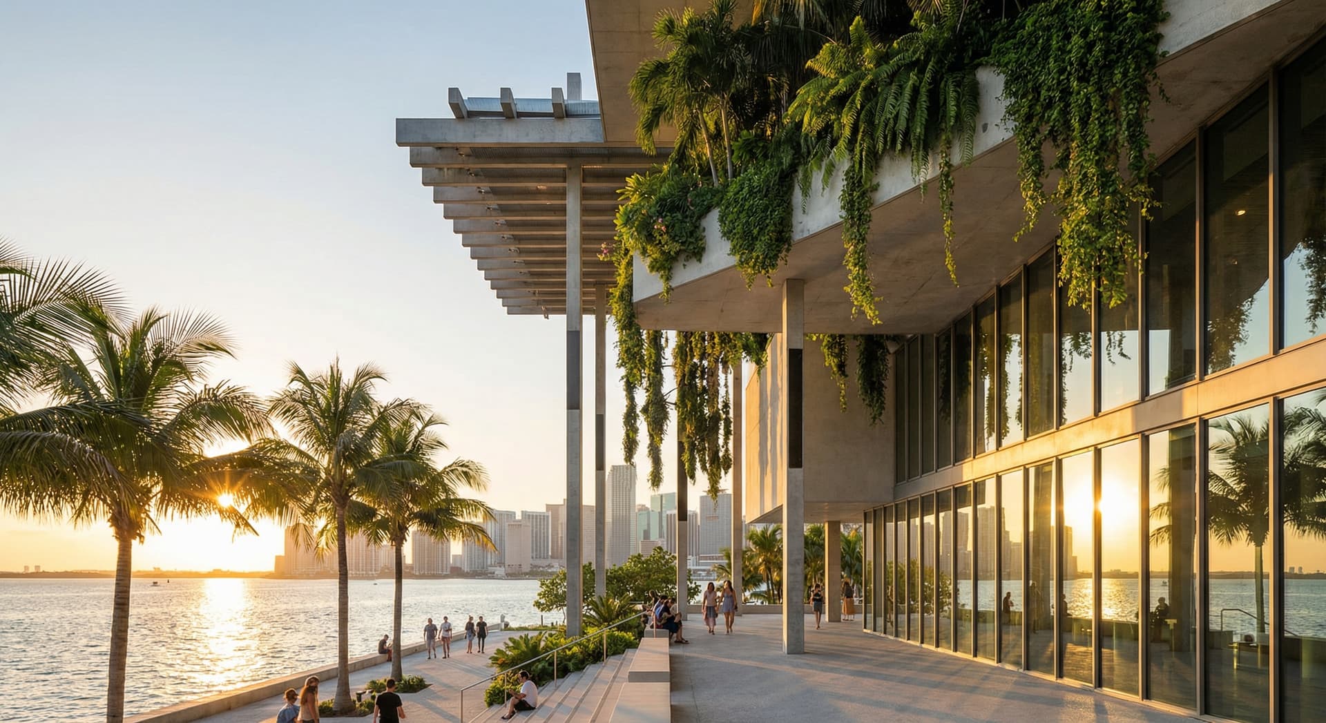 Pérez Art Museum Miami exterior at golden hour with dramatic stilt architecture, hanging tropical gardens dripping from concrete overhangs, Biscayne Bay sparkling in the background, palm trees framing the scene, and visitors walking along the waterfront terrace