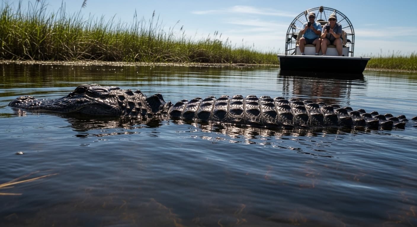 American alligator basking in the sun in Miami wetlands