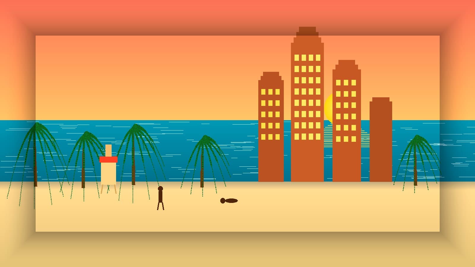 Ocean Drive at golden hour with Art Deco hotels lining the boulevard and palm trees silhouetted against a pastel Miami sky