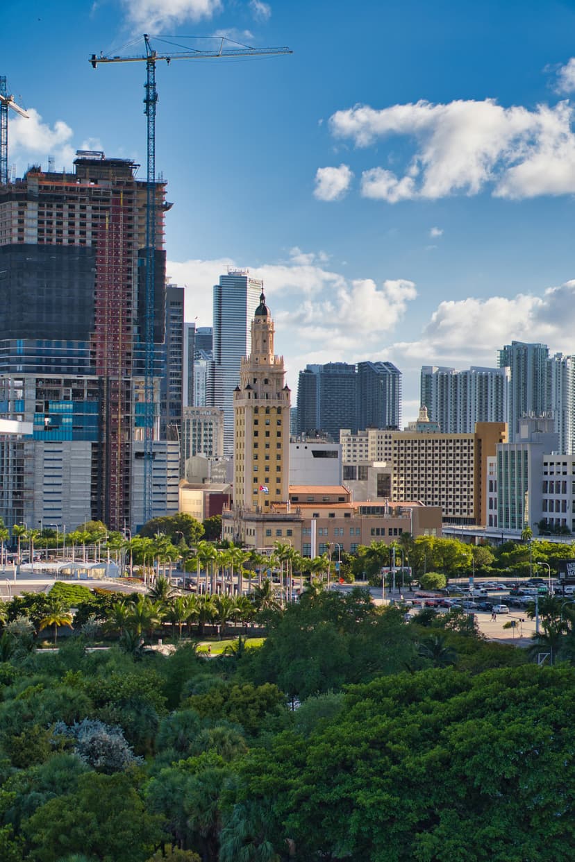 Skyline of Downtown Miami with Biscayne Bay at sunset