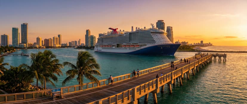Panoramic view of South Pointe Park pier at the southern tip of Miami Beach at golden hour, a massive cruise ship passing through Government Cut channel with the downtown Miami skyline in the distance, palm trees framing the foreground, turquoise Atlantic water, people walking and fishing on the long wooden pier
