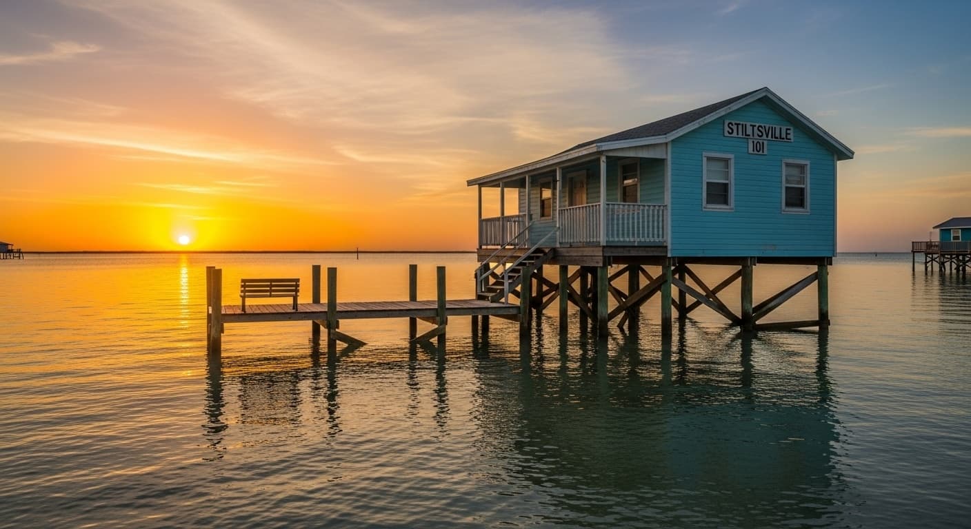 Wooden stilt house standing in the shallow flats of Biscayne Bay under a golden sunset