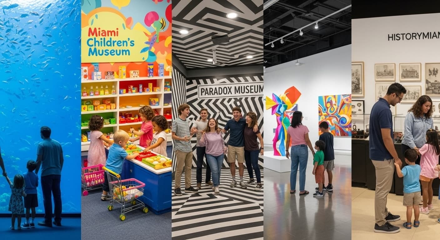 Families enjoying Miami’s best indoor attractions — aquarium at Frost Science, play zones at Miami Children’s Museum, illusions at Paradox Museum, galleries in the Design District, and exhibits at HistoryMiami.