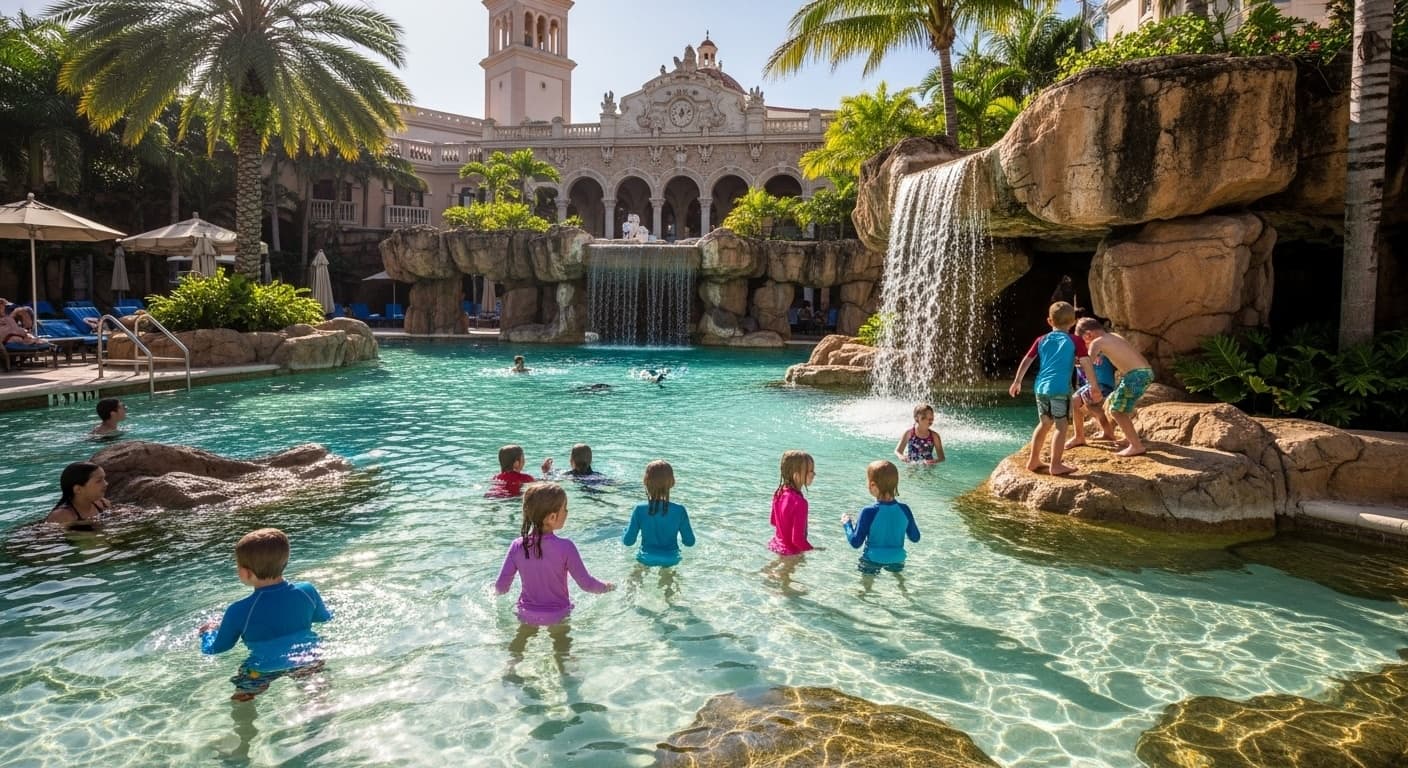 Family measuring child’s height against a chart before entering Venetian Pool