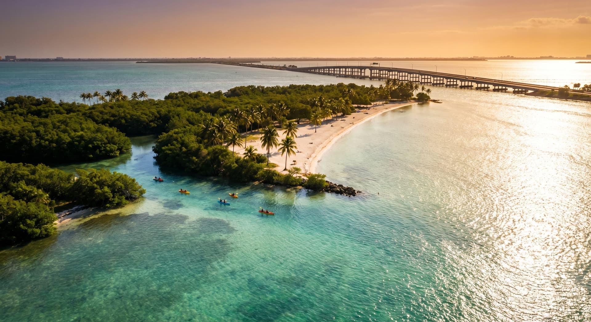Aerial view of Virginia Key island in Miami at golden hour with turquoise shallow water, white sand beach, lush mangrove forest, and kayakers paddling through calm Biscayne Bay waters